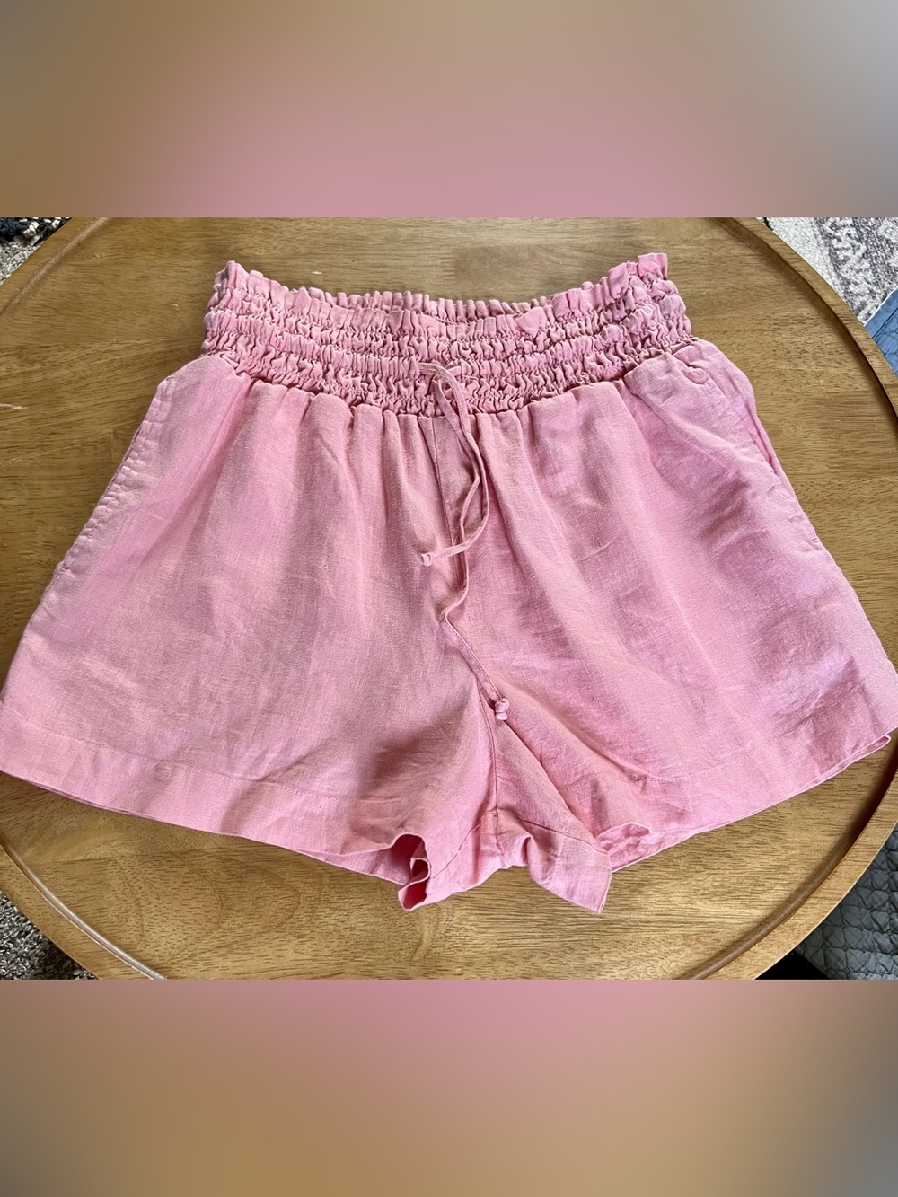 Smocked high Waist Pink Women's 100% Linen Shorts drawstring